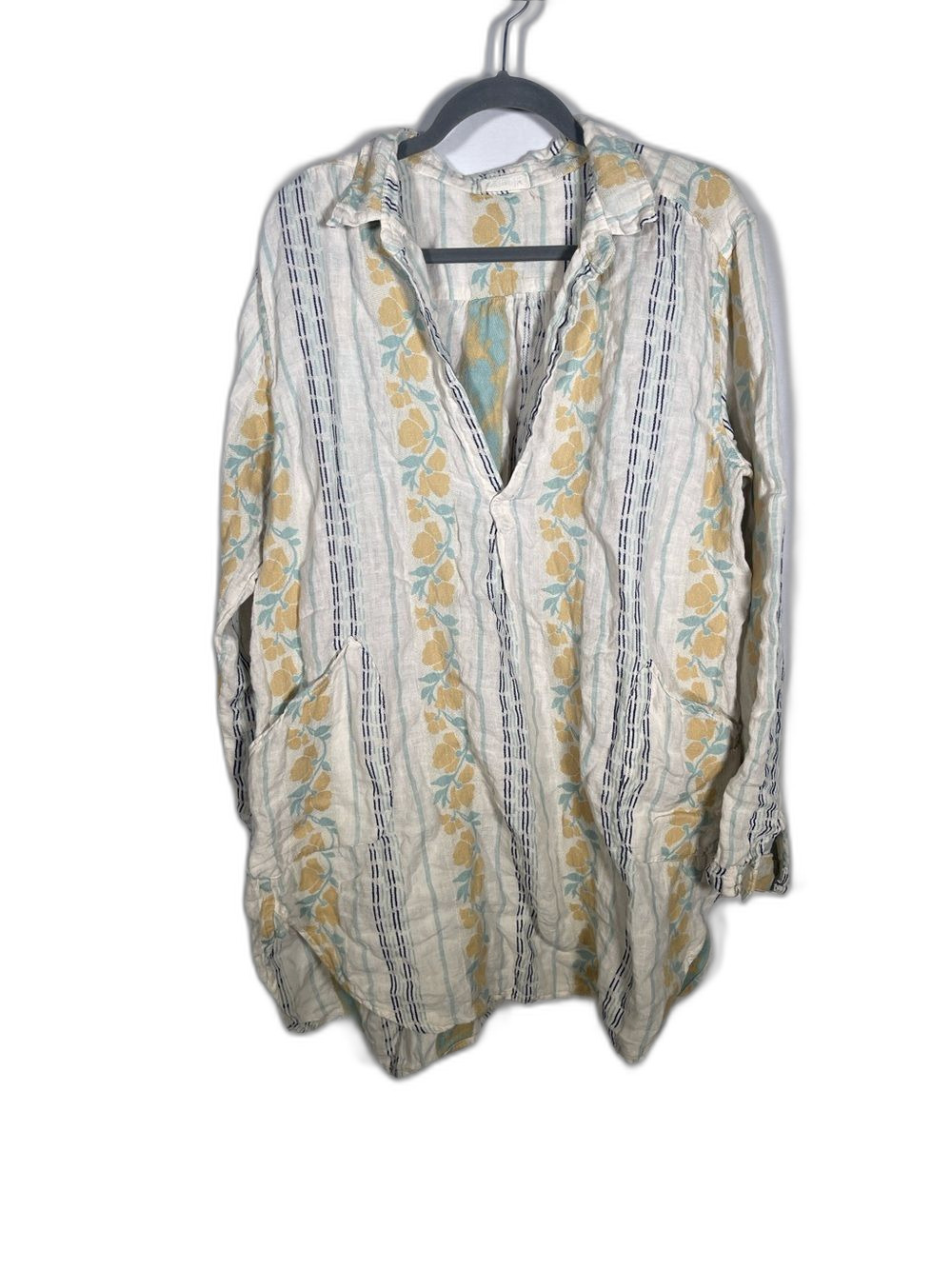 CP SHADES WOMENS LINEN YELLOW FLORAL TUNIC BLOUSE V NECK LARGE